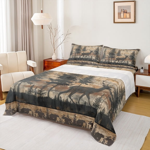 Homewish Animal Deer 3pcs Twin Sheet Sets For Teens Boys Girls,Jungle Wildlife Twin Fitted Sheet,Retro Vintage Cabin Breathable Flat Sheet,Breathable Home Decor