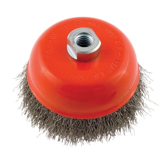 Forney Industries Cup Brush, Crimped, 5 in x .014 in x 5/8 in-11 Arbor