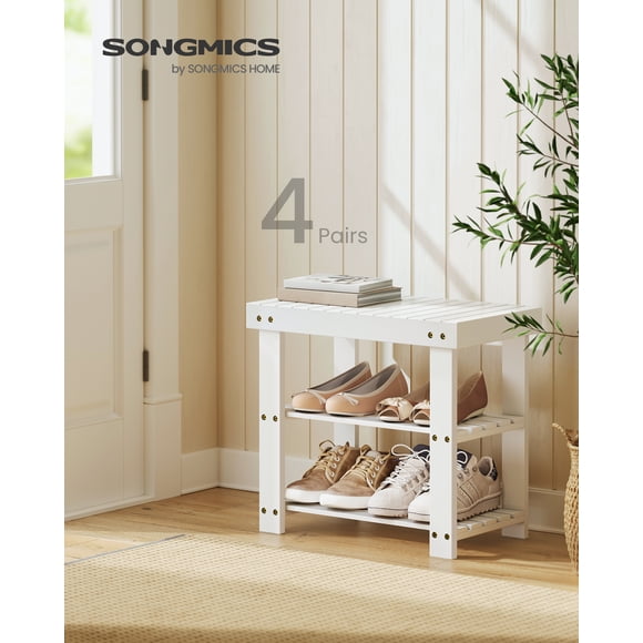 SONGMICS Shoe Rack Bench, 3-Tier Bamboo Shoe Storage Organizer, Entryway Bench, Holds Up to 286 lb, 11.3 x 19.7 x 17.8 Inches, for Entryway Bathroom Bedroom, Cloud White
