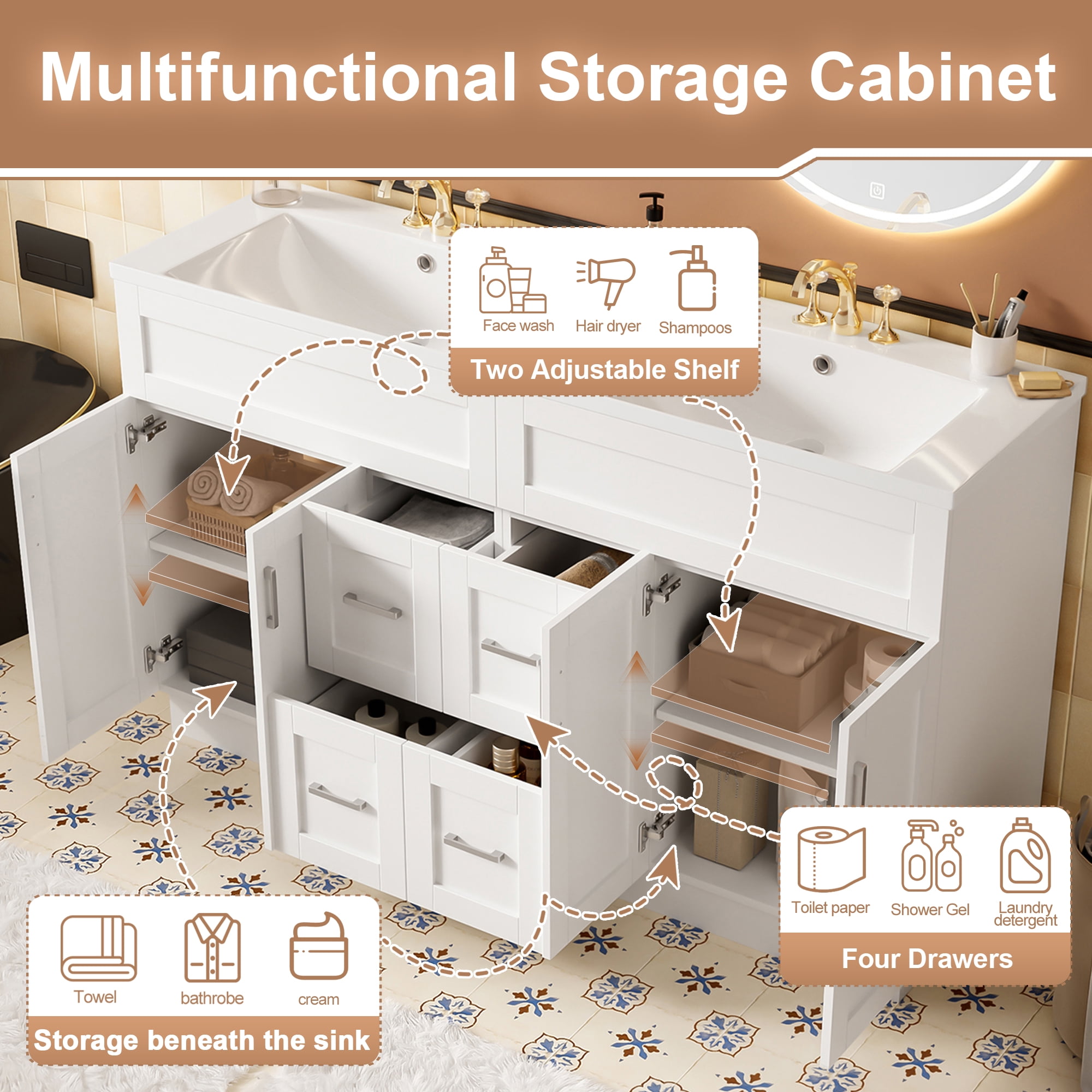 Harper & Bright Designs 60 inch Double Sink Bathroom Vanity, Free Standing Basin Vanity Set with 4 Cabinet Doors, 4 Drawers, 2 Adjustable Shelves, Hidden Soft-Close Drawers & Soft-Close Hinges, White