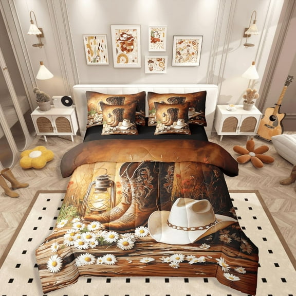 Manfei Western Cowgirl 7-Piece Twin Bedding Sets,Boots Hat Bedding Comforter Set,Floral Daisy Breathable Sheet Sets,Super Cozy Rustic Room Decor,Reversible
