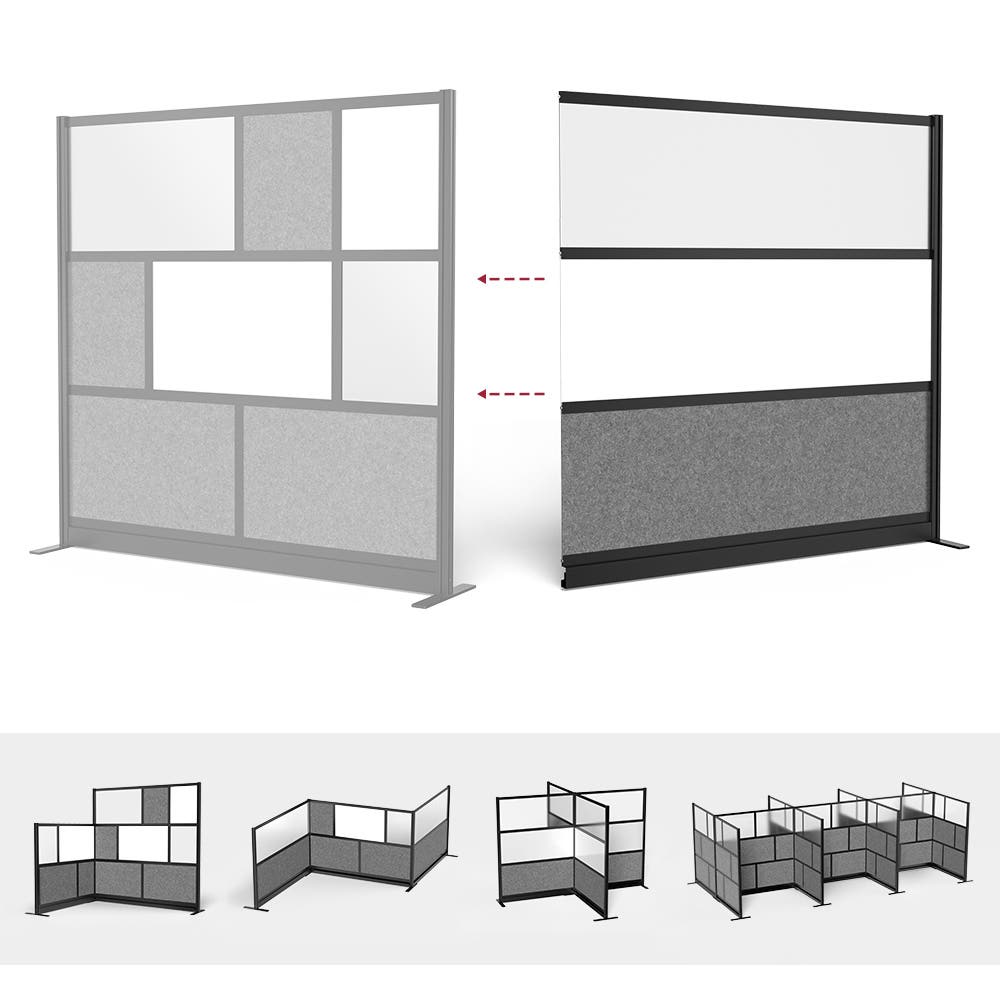 Luxor Workflow Modular Wall Room Divider System - Black Frame - 70" x 70" Wide Panel Add-On Wall with Whiteboard, Freestanding