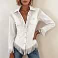 thumbnail image 3 of Boyscolos Women Faux Suede Fringe Polo Shirts Point Collar Long Sleeve Western Cowboy Button Down Womens Western Tops White S, 3 of 4