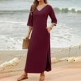 thumbnail image 6 of Party Dresses for Women,Womens Dresses 3/4 Sleeve V Neck Loose Flowy Split Long Maxi Dress with Pockets Wine S, 6 of 9