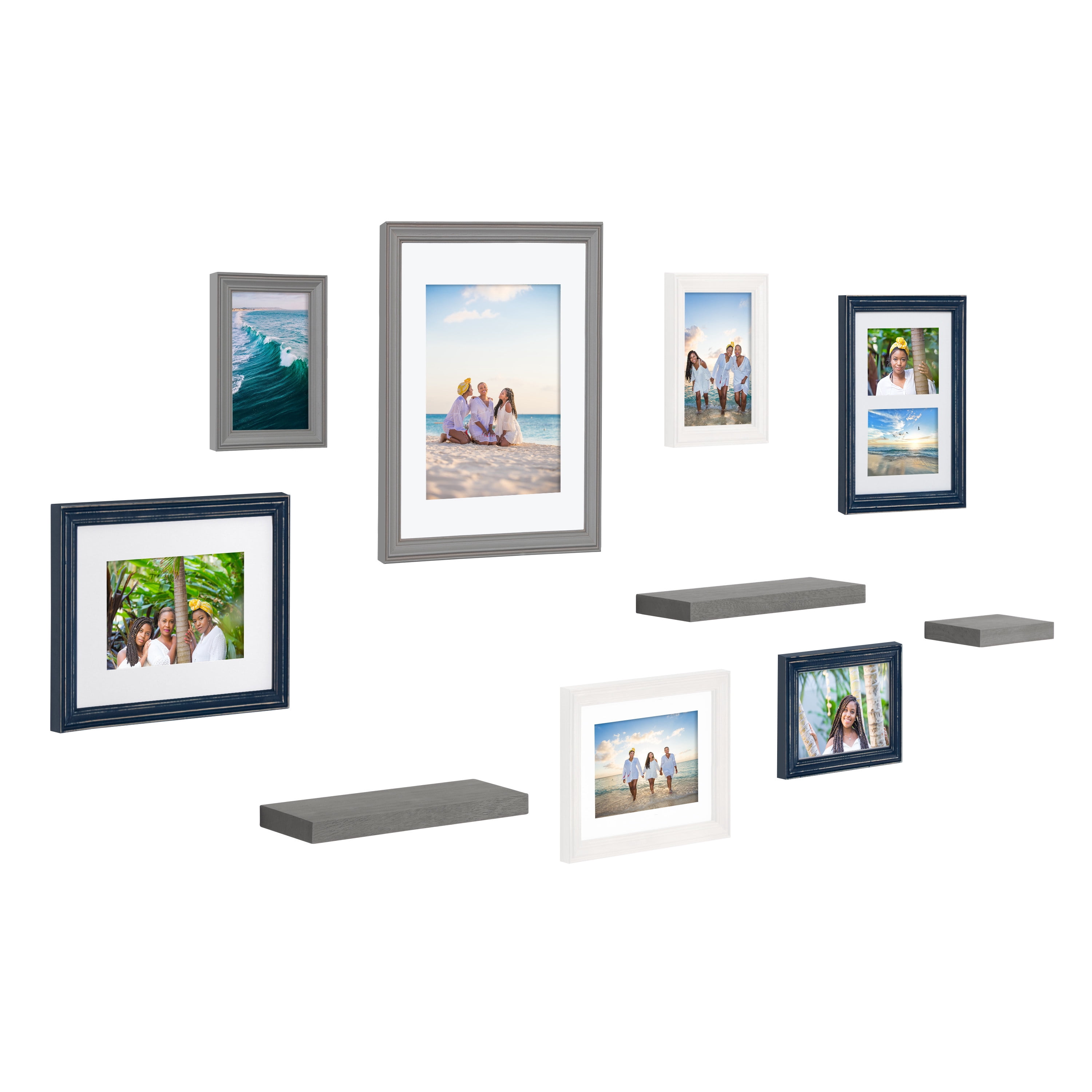 Kate and Laurel Bordeaux Gallery Wall Frame and Shelf Kit, Set of 10, Multiple Coastal Finishes, Assorted Size Frames and Three Display Shelves