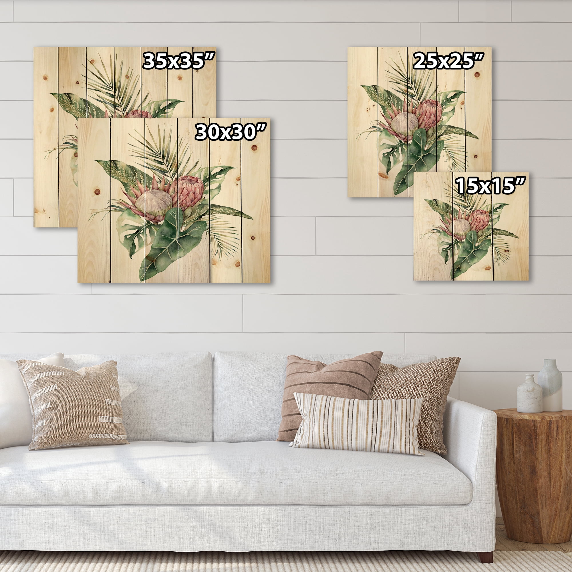 Designart 'Queen Proteas Palm & Monstera Leaves' Traditional Print on Natural Pine Wood