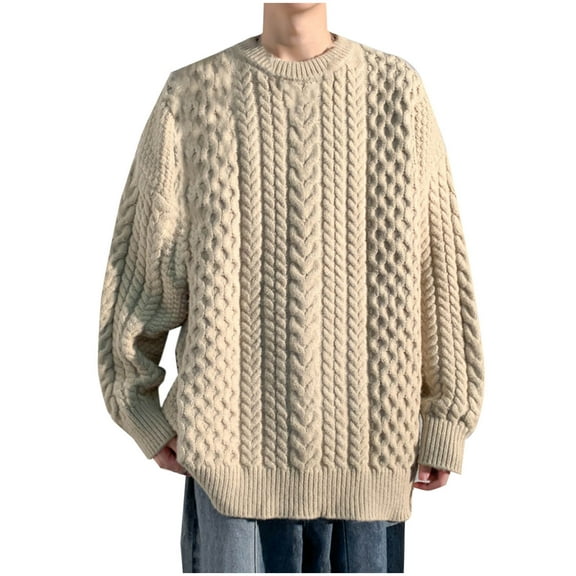Yiliang Cable knit Classic Sweater for Men Fall and Winter Long Sleeve Warm and Thermal Top Clothes ,Beige,2XL