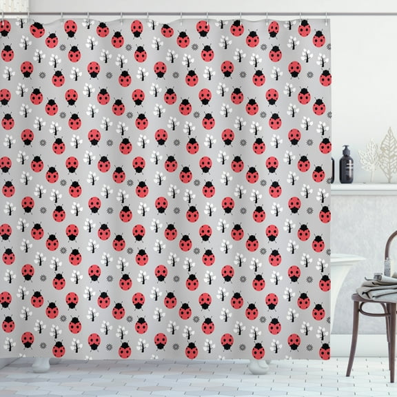 Ambesonne Ladybugs Shower Curtain, Bug Tree Flower, 69"Wx75"L, Grey Dark Coral Black