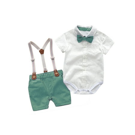 

JYYYBF Baby Boy Suspenders Gentleman Formal Outfit Suits Short Sleeve Button Down Shirt+Bib Pants+Bow Tie Clothes Sets Green 18-24 Months