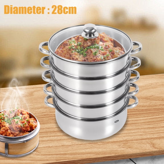 28cm 5-Tier Stainless Steel Steamer, Kitchen Steam Pot with Glass Lid for Steaming and Cooking Fish, Shrimp, Crab, Rice, Vegetables, Steamed Buns, Soup, Etc.