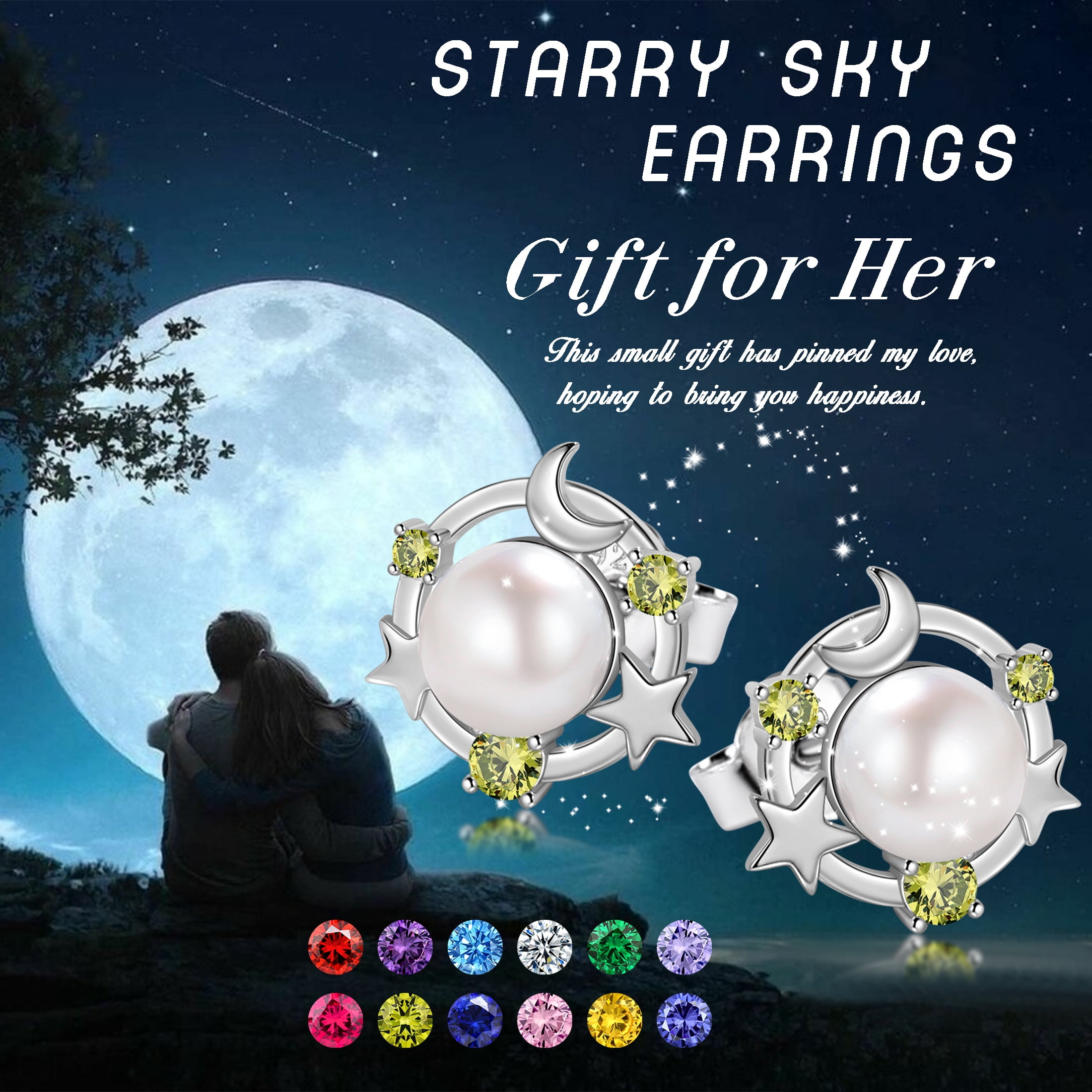 Beautlace 925 Sterling Silver Moon Star Stud Earrings, Natural Pearl Birthstone Earrings Jewelry,Birthday Christmas Anniversary Gift for Women/Mom/Wife