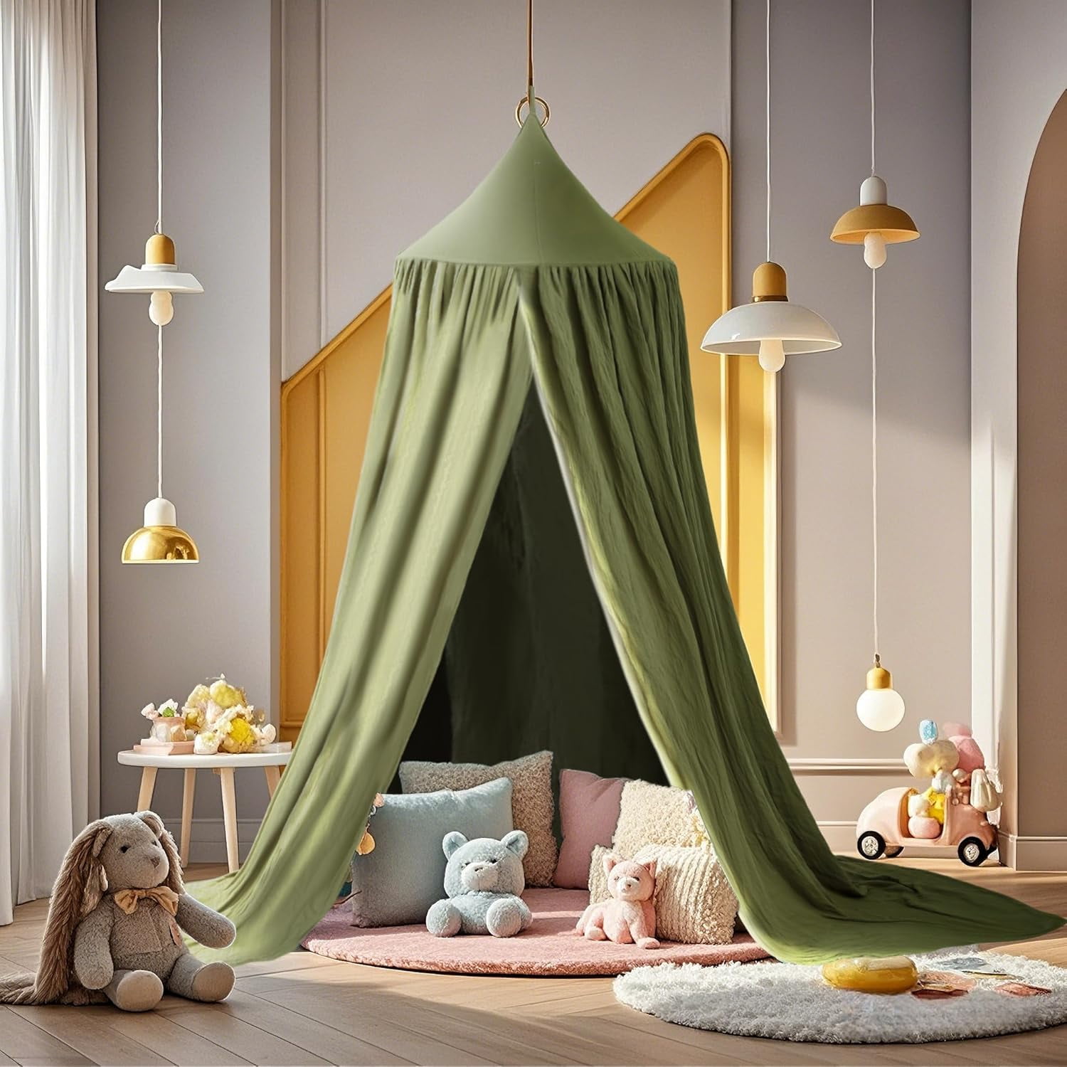 CAILDANL Cotton Kids Bed Canopy, Nursery Room Baby Crib Hanging Curtain Mosquito Net Hideaway Bedding Children Reading Nook Decoration, Pastel Neutral Color for Boys & Girls (Pink)