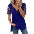 thumbnail image 2 of Womens Tops Summer Hollowed Out Short Sleeve Rhinestone V Neck Loose Solid T Shirts Zipper Tee Tops Blouse T Shirts for Women, 2 of 5