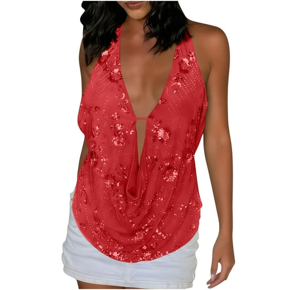 Riecok Sequin Tops for Women Sparkling Solid Deep V Neck Pullover Shiny Sleeveless Shirts Dancing Party Blouses