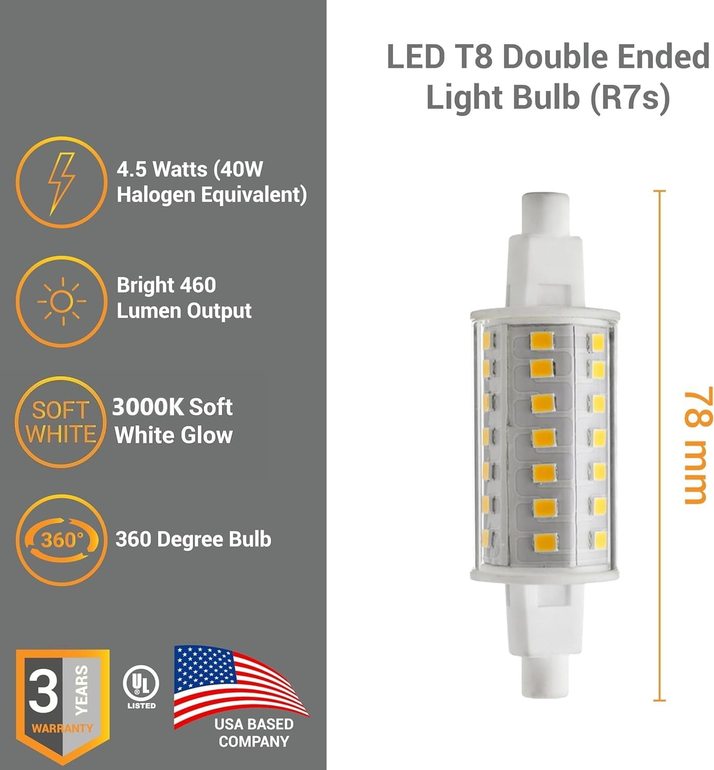 Diodesy- Pack of 2 R7S/LED/4.5W/78MM/T8/30K/CD2 R7S J Type Double Ended Flood Light 78mm, 4.5W (40W Halogen EQ), Non-Dimmable, 3000K Soft White, 460 LM, LED Light for Work Security, Landscape Light,UL