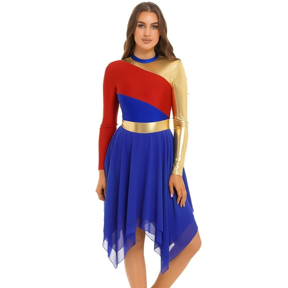 YONGHS Womens Color Block Liturgical Praise Dance Lyrical Dress Long Sleeve Irregular Hem Dancewear Royal Blue XL