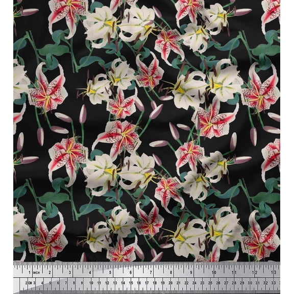 Soimoi Cotton Duck Fabric Leaves, & Lily Floral Printed Craft Fabric by The Yard 42 Inch Wide