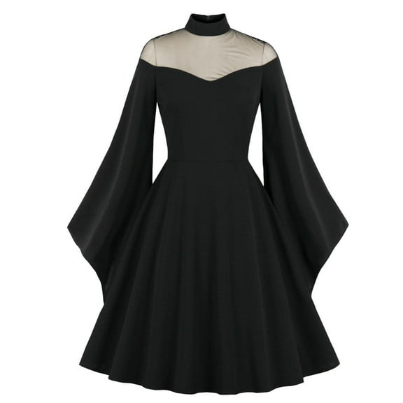IROINNID Long Sleeve Dress for Women Hallow Dress Half High Collar Neck Solid Long Sleeve Dress ,Black