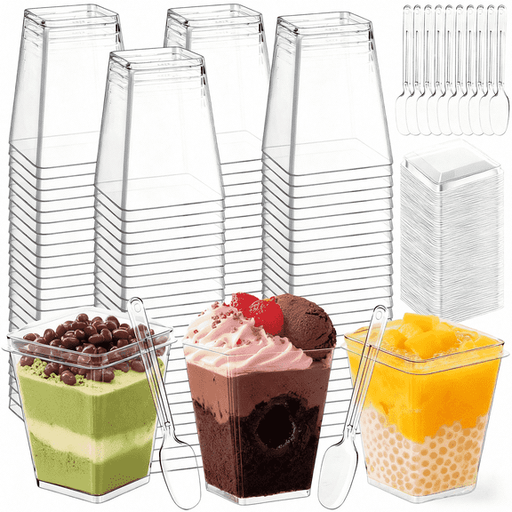 150 Pcs Dessert Cups with Lids and Spoons, 5 oz Mini Clear Plastic Dessert Parfait Cup, Reusable Fruit Ice Cream Cake Pudding Cups