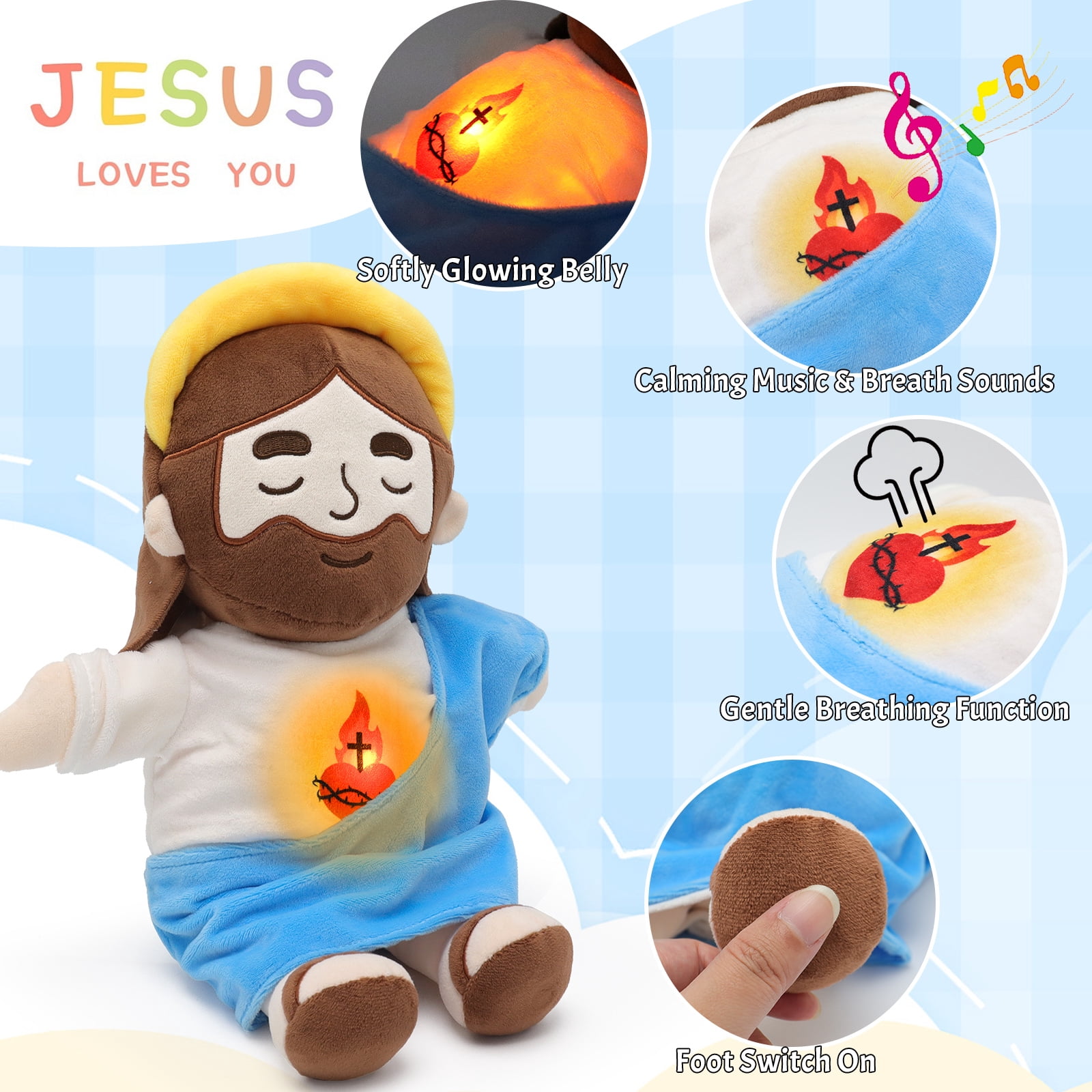 Halo Breathing Jesus Plush Doll Sacred Heart Jesus Doll Sound And Light, Christian Religious Toy For Church Prayer Home Decoration Baptism Easter Christmas Kid Gifts-Blue