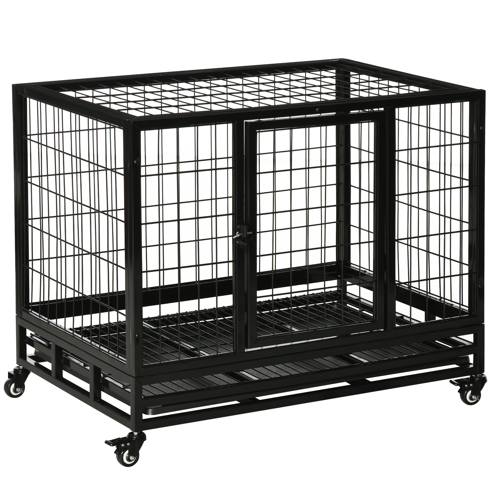 PawHut 36" Heavy Duty Dog Crate, Indestructible Dog Cage Kennel with Removable Tray, Lockable Wheels and 2 Doors, Black