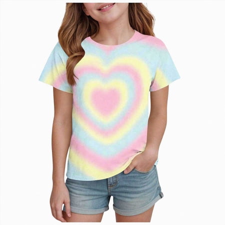 zaveiop Heart Shaped PatternGirl Shirts Toddler Kid Girls T-Shirt Outfits Summer Tees B-Day Gifts Tops 1-13Y (Dark Blue 4-5 Years )
