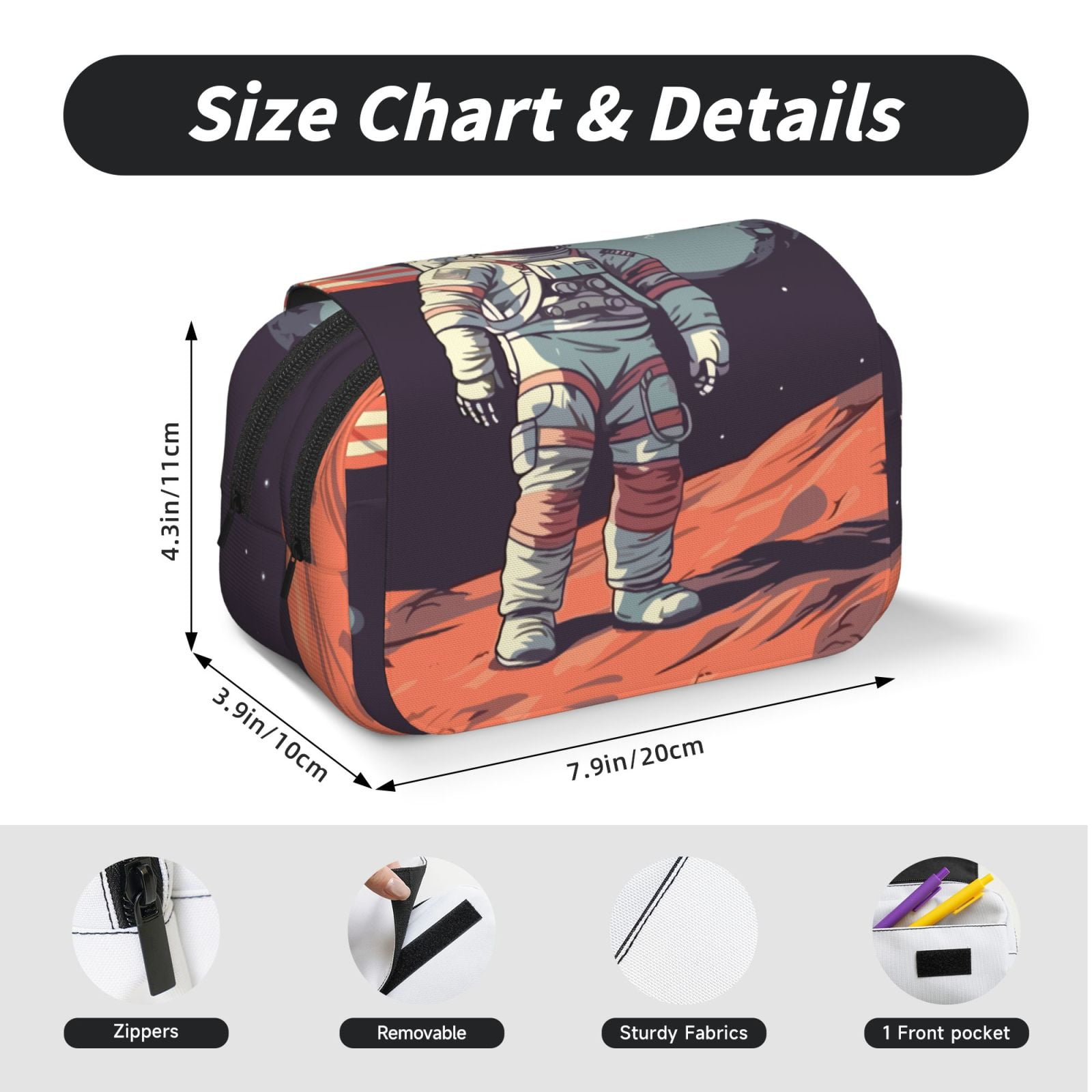 Rateoe Astronaut With American Flag Pattern Double Clamshell Pen Case, Storage Organizer with Two Zipper Compartments– Holds Up to 50 Pencils & Pens