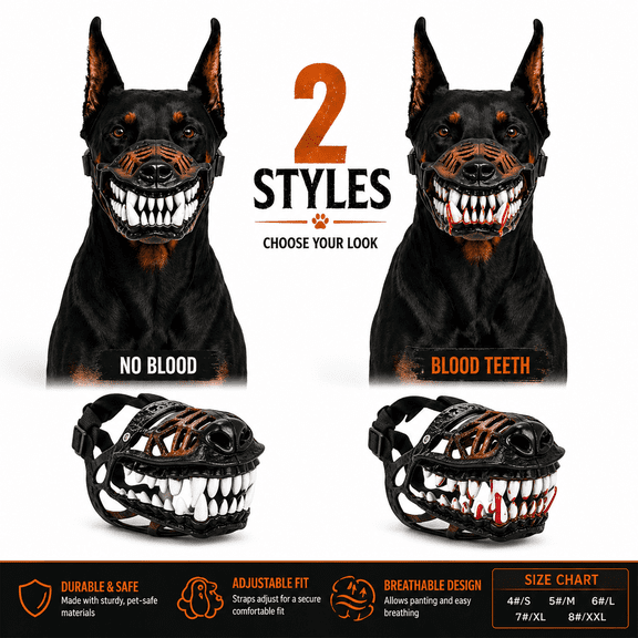 Hell Hound Monster Muzzle Scary Latex Dog Costume Mask with Realistic Teeth and Adjustable Straps, Halloween Cosplay Accessory for Small Medium and Large Dogs, S-XXL