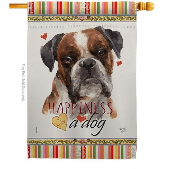 Breeze Decor H110243-BO Brindle Boxer Happiness Animals Dog 28 x 40 in. Double-Sided Decorative Vertical House Flags for Decoration Banner Garden Yard Gift