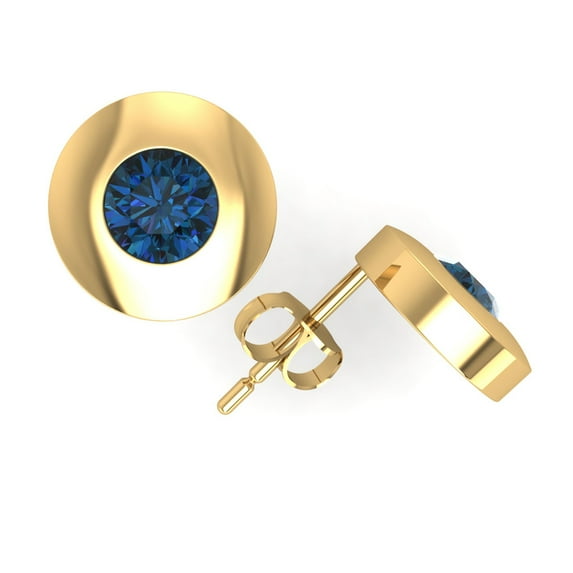 Genuine 3/4Ct Round Cut Blue Diamond Stud Earrings 18k Yellow Gold Bezel Push Back SI1