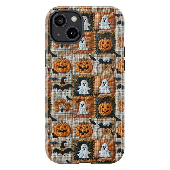 Halloween iPhone Case for iPhone 16 15 14 13 12 11 Pro Max Mini – Cute Pumpkin Ghost Bat Plaid Pattern Protective Hard Cover