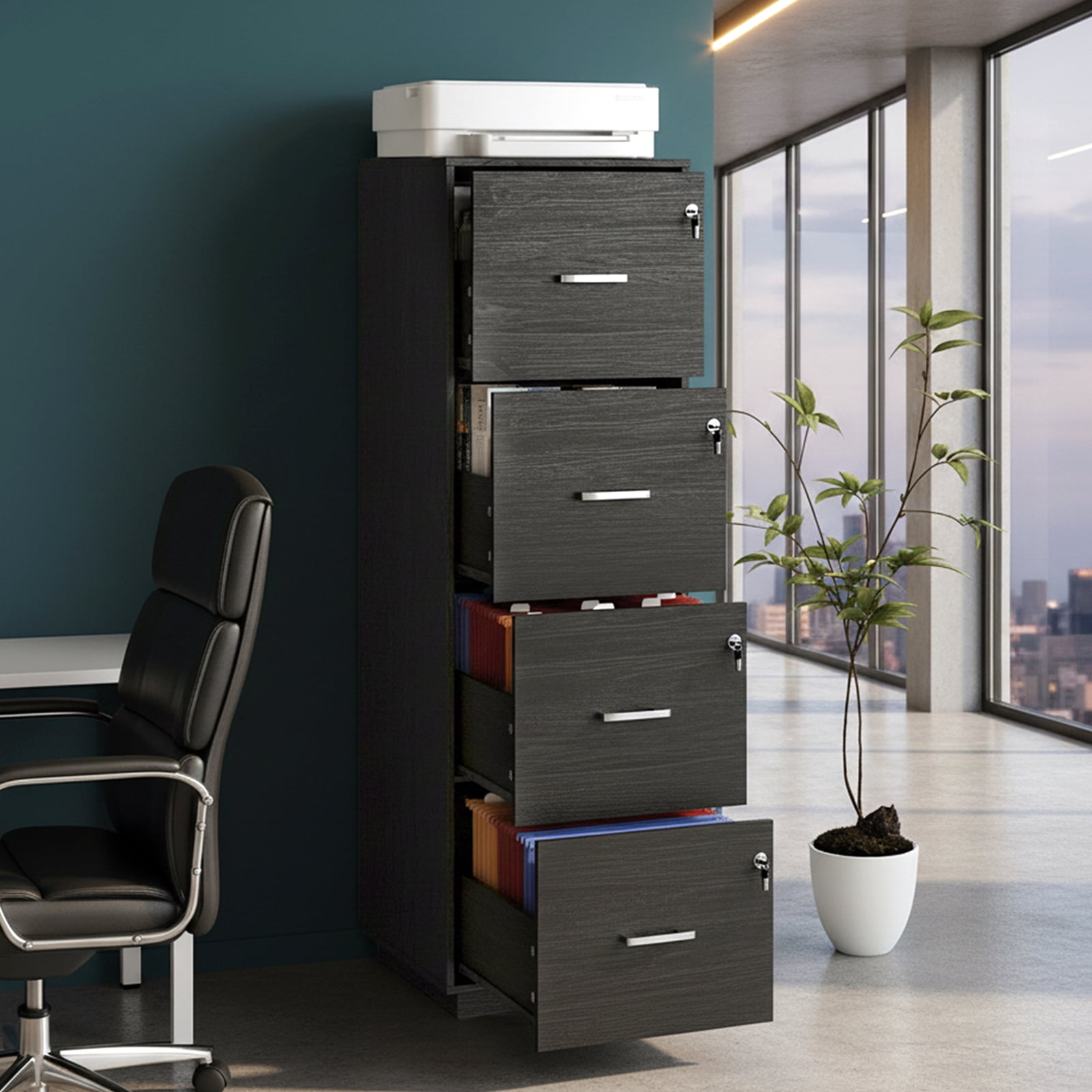 Ktaxon Wood 4-Drawer Lateral File Cabinet with Lock for Home Office, Lockable Filing Cabinet, Easy to Assemble, Black