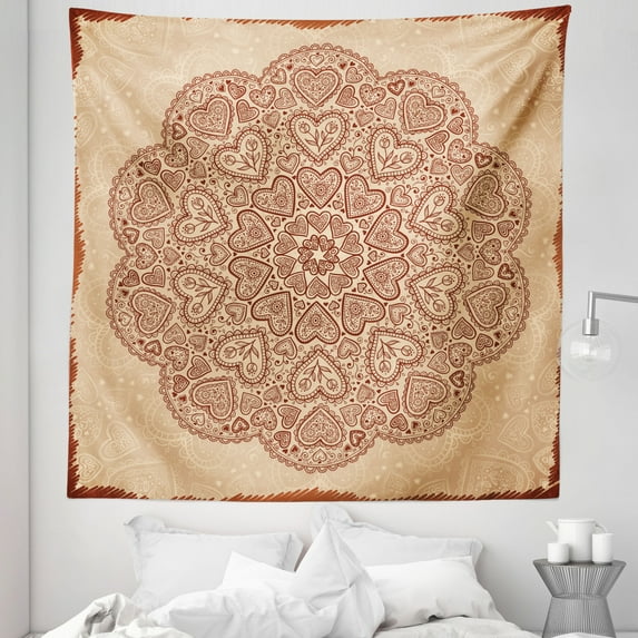 Brown Mandala Tapestry, Doodle Circular Form Mandala Ornamented with Hearts Sprouts, Fabric Wall Hanging Decor for Bedroom Living Room Dorm, 5 Sizes, Chestnut Brown and Beige, by Ambesonne