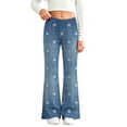 thumbnail image 2 of Girls Faux Denim Pants with Pockets Elastic Waist Cute Baggy Casual Kids Flare Pants Blue 4-12, 2 of 9