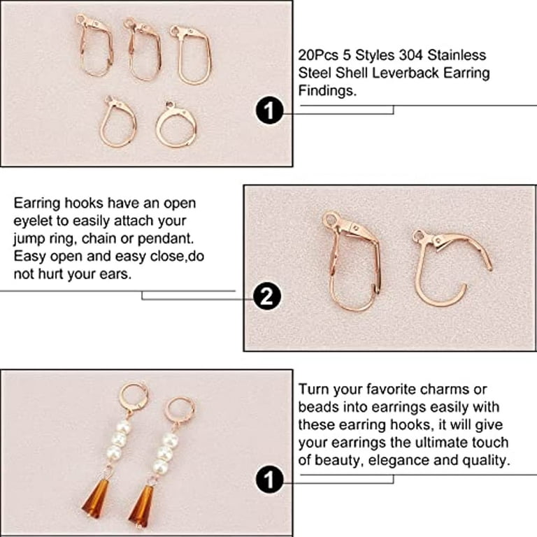 20pcs 5 Styles Leverback Earring Findings 304 Stainless Steel Rose Gold  Leverback French Earring Hooks Open Loop Leverback Earring Hoop for Earring