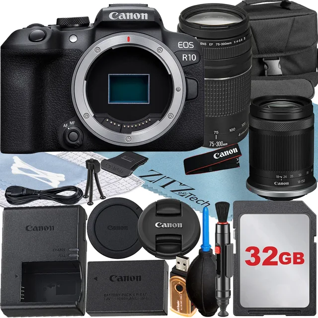 Canon EOS R10 Mirrorless Camera with RF-S 18-150mm + EF 75-300mm Lens + 32GB Memory Card + Case + ZeeTech Accessory Bundle