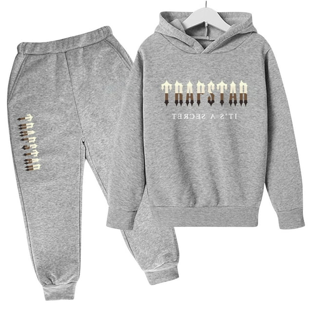 Trapstar Ensembles de Chandails à Capuchon pour Enfants Chandails Graphiques à Manches Longues pour Garçons Filles Amples Trapstar Chandails à Enfiler de Rue+pantalons de Survêtement Ensemble pour Enfants de 2 Ensembles de Chandails Classiques (Gris Pâle, 110)
