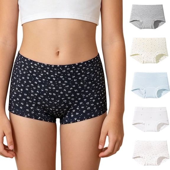 Uobin Girls Mid‑Rise Pure Cotton Boyshort Panties, Fresh Floral Print, Skin‑Friendly Breathable Antibacterial Underwear With Extended Crotch