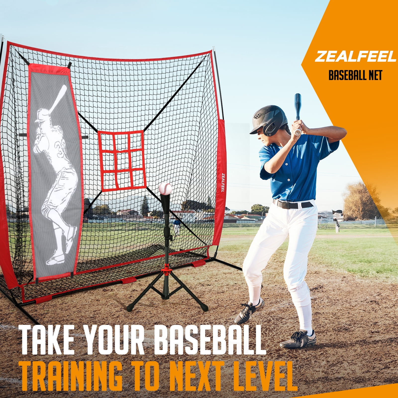 Zealfeel 7 x 7 ft Baseball & Softball Net Set: Includes Batting Tee, Dummy Batter, 2 Strike Zones & Ball Collection System. Steel Frame & Carry Bag