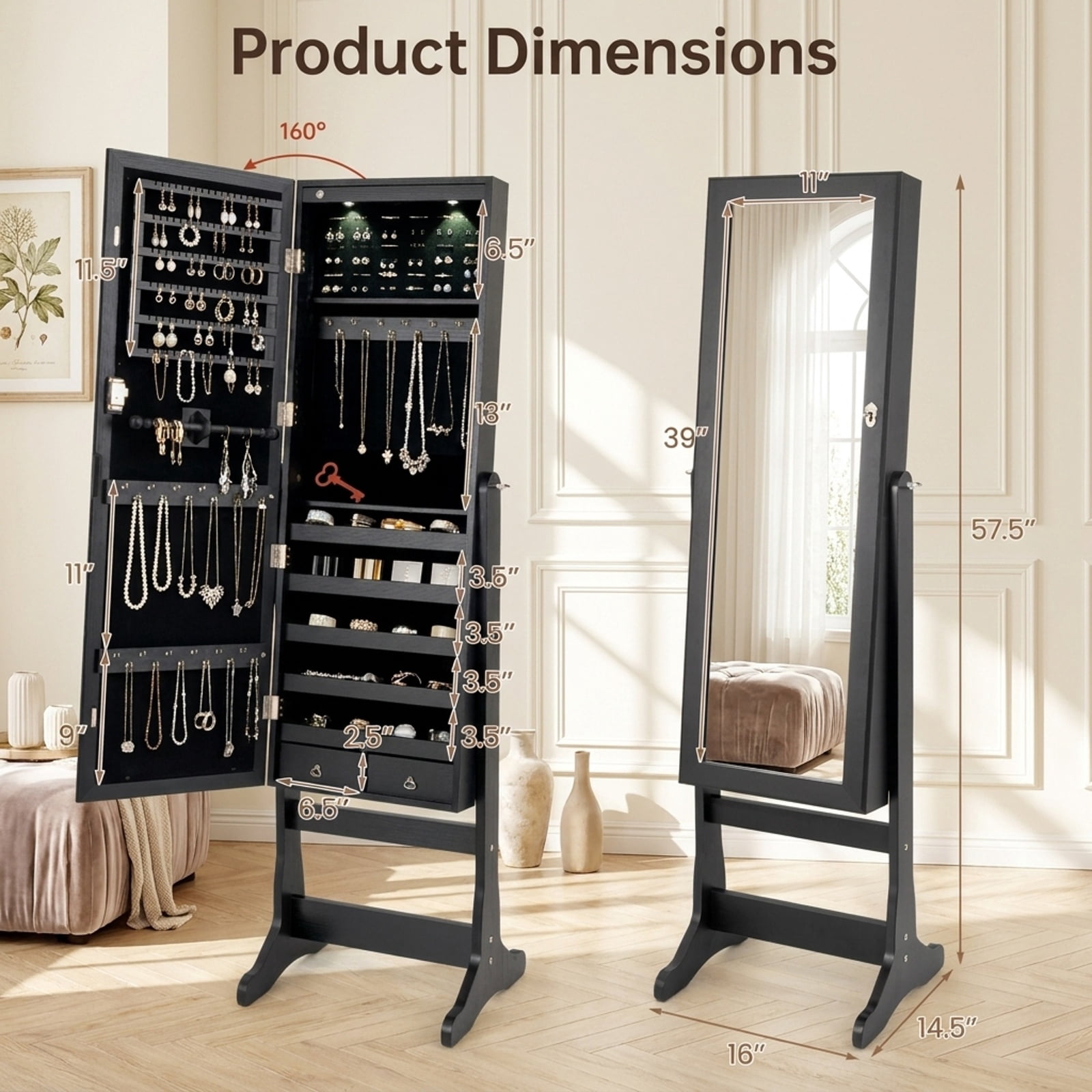 Furnibear Lockable Freestanding Jewelry Cabinet Armoire with Full-Length Mirror and Lights for Bedroom Dressing Room Jewelry Necklace Rings, Black