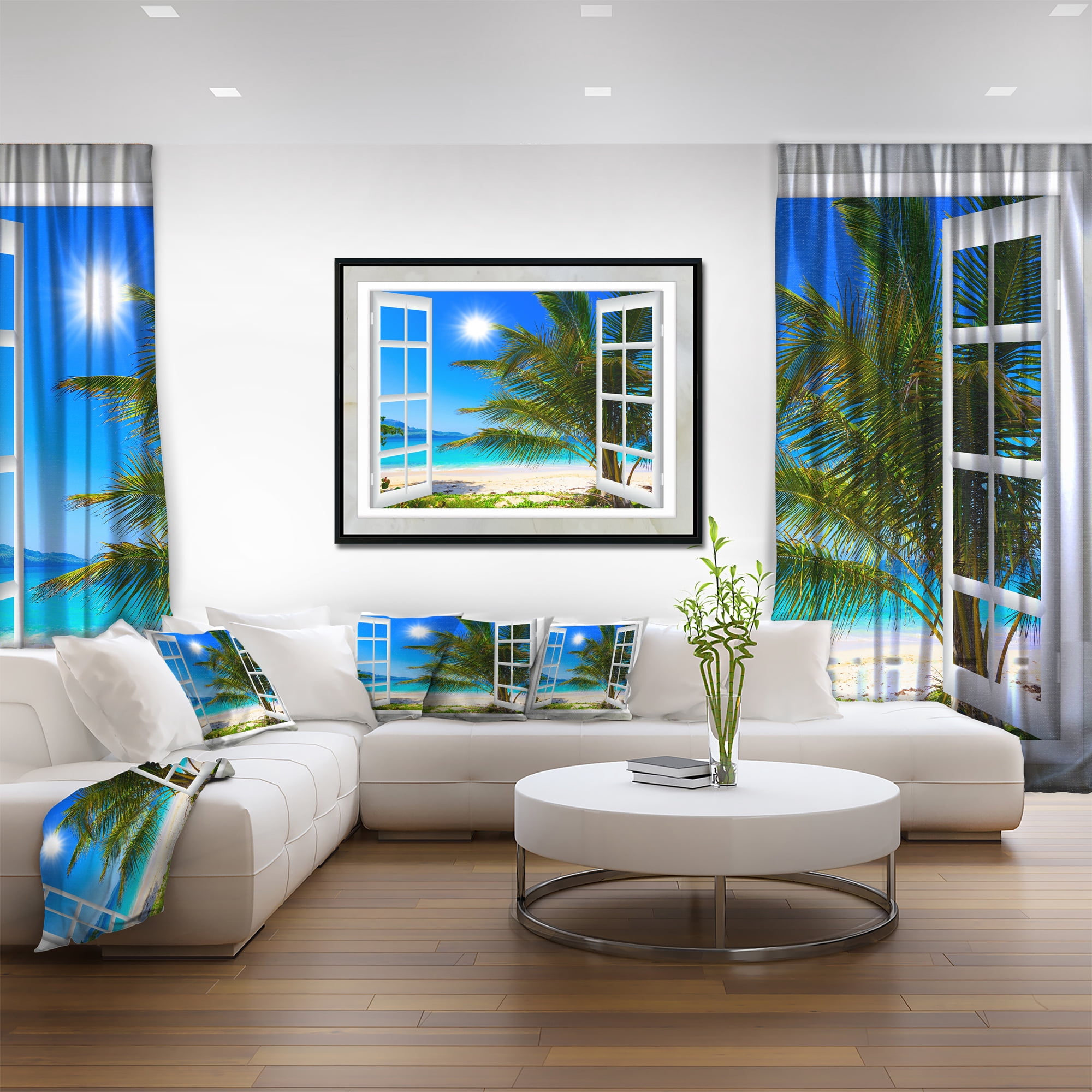 Designart ' Window Open to Beach with Palm ' Extra Large Seashore Framed Canvas Art