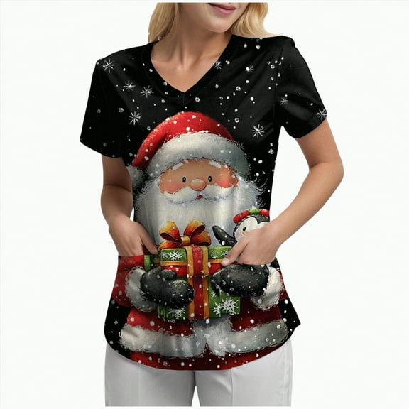 Towmus Christmas Scrub Tops Women Plus Size Nursing Uniforms V-Neck Short Sleeve Fun Printed Scrubs Top with Pockets S-3XL