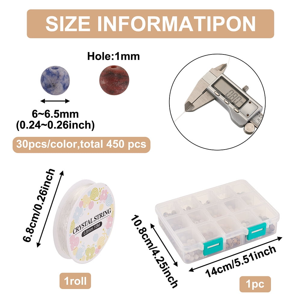 450Pcs 15 Style DIY Stretch Bracelets Making Kits Including Gemstone Round Beads and Elastic Thread 6~6.5mm Hole: 1mm 30pcs/style