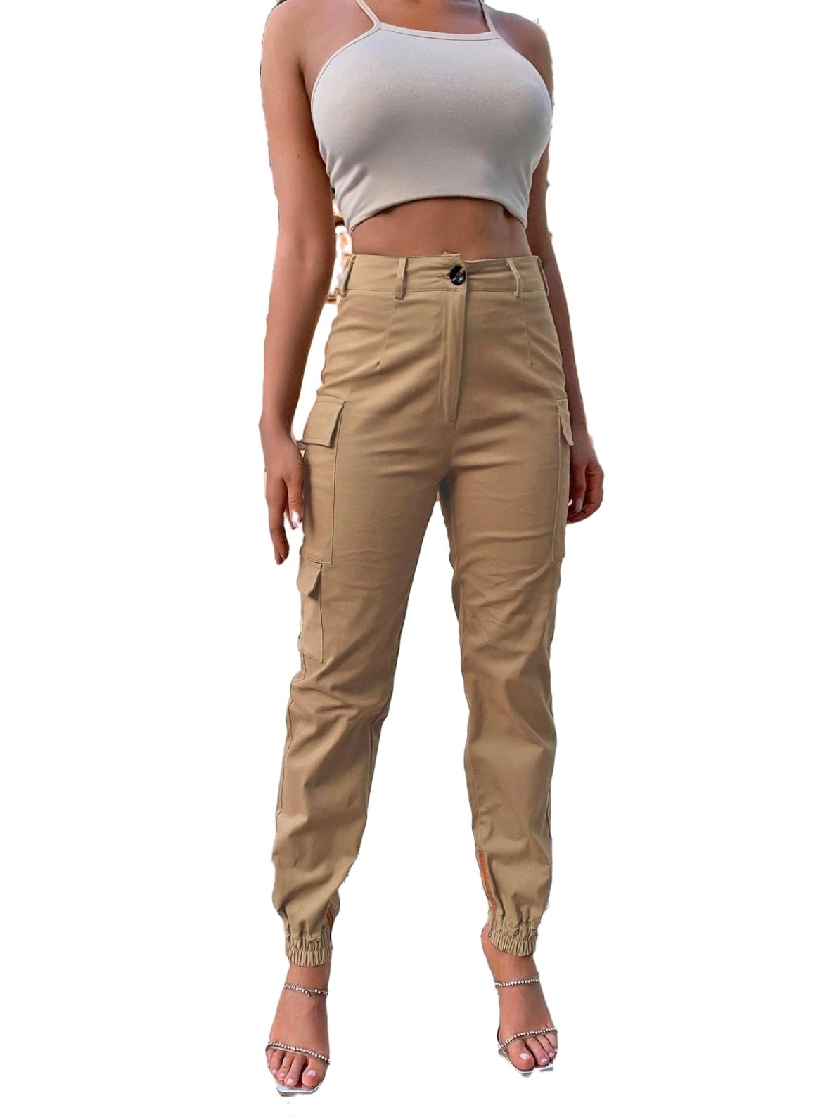 Women's High Rise Trousers Pocket Side Cargo Pants Khaki 