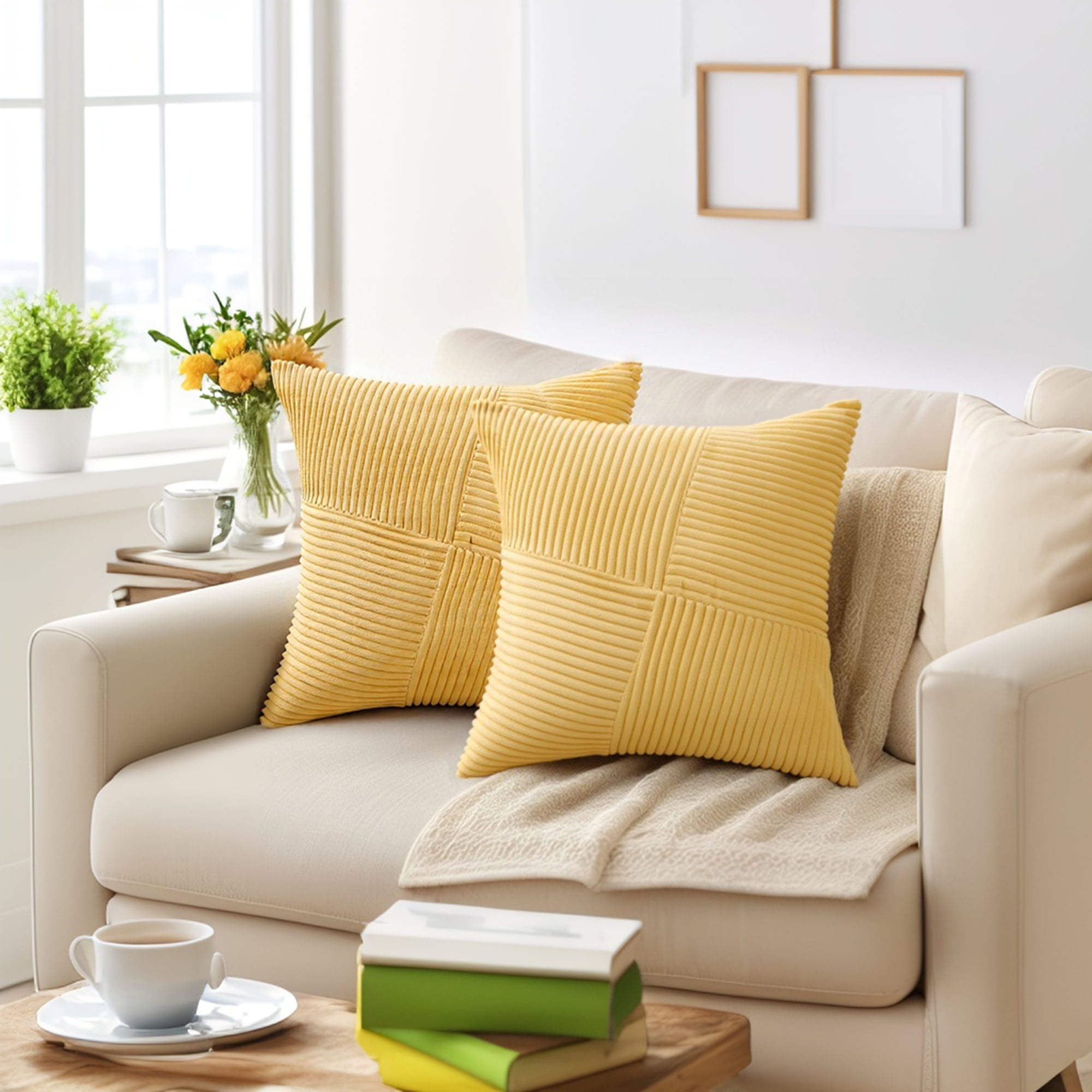 Unique Bargains Solid Corduroy Throw Pillow Covers Set of 2 Yellow 18" x 18"