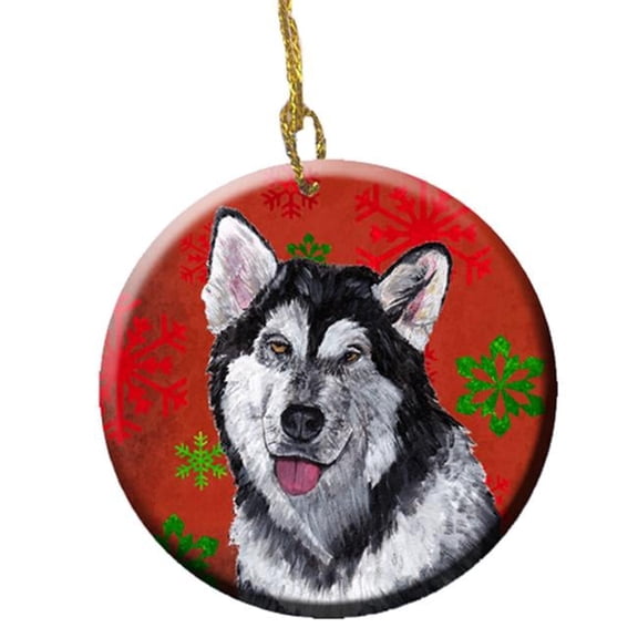 Alaskan Malamute Red Snowflakes Holiday Christmas Ceramic Ornament