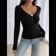 thumbnail image 5 of Camisa de Larga para Mujer, Cuello en V, Botones, Punto Acanalado, Corte Entallado, Informal, Básica, para y Otoño Negro L, 5 of 9