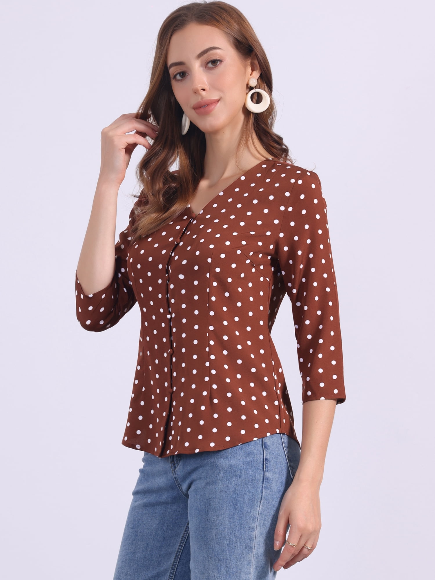 DARING DIVA Women's Polka Dots 3/4 Sleeve Button Front V Neck Blouse S Brown