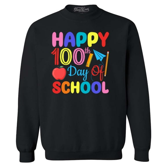 Shop4Ever Men's Happy 100th Day of School Teacher Student Crewneck Sweatshirt Large Black