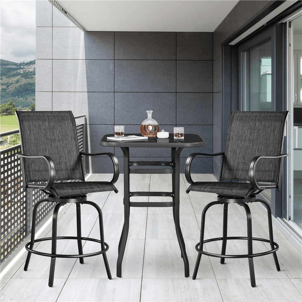 Alden Design 2pcs Outdoor Swivel Texteline Bar Stools with High Back for Garden, Black